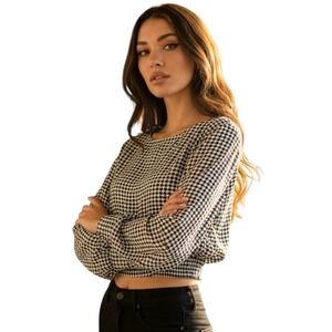 LOFT NEW Black White Houndstooth Blouse Smocked Hem Cropped Top Preppy XXS NWT